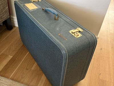 Vintage Monarch Hardshell Suitcase - Blue/Gray w/ White Stitching & Brass Hardware