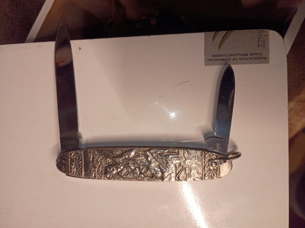 Vintage Embossed Metal Two-Blade Folding Pocket Knife with Lanyard Ring