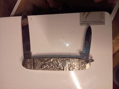 Vintage Embossed Metal Two-Blade Folding Pocket Knife with Lanyard Ring