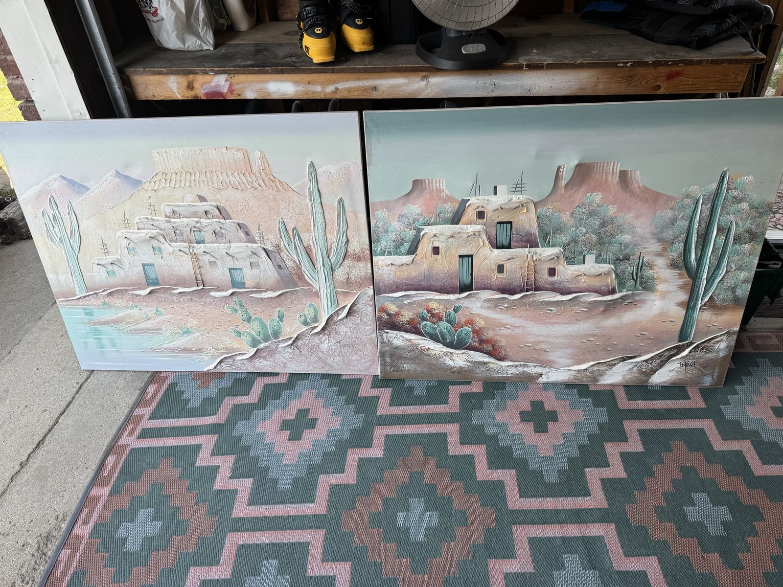 2x Southwest Desert Adobe & Cactus Textured Canvas Paintings