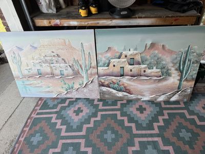 2x Southwest Desert Adobe & Cactus Textured Canvas Paintings