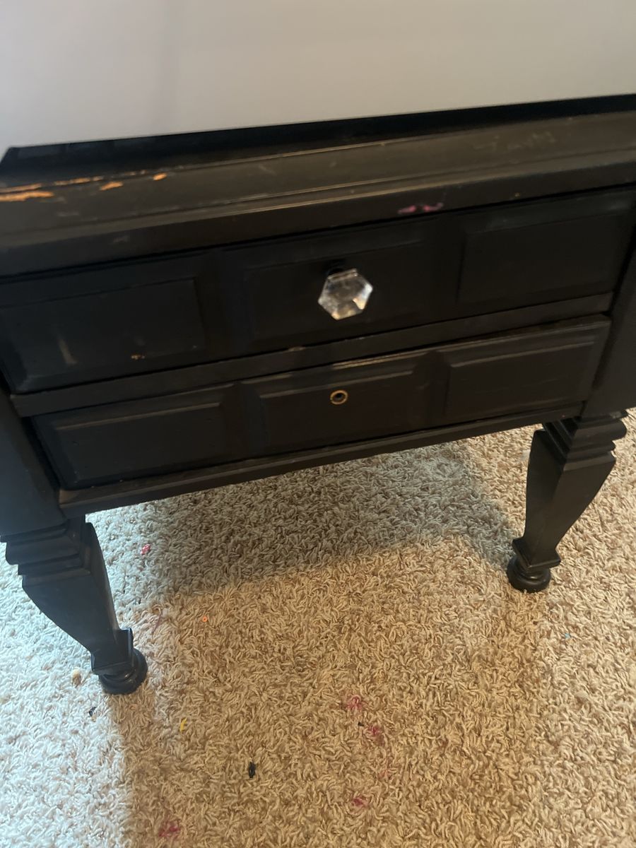 Black Nightstand with 2 Drawers & Crystal Knob - Chipped Paint, Great Restoration Project