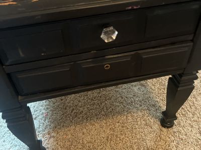 Black Nightstand with 2 Drawers & Crystal Knob - Chipped Paint, Great Restoration Project