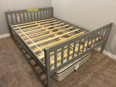 Queen Gray Wooden Slat Bed Frame with Headboard and Footboard