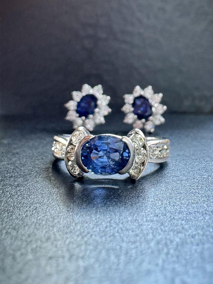 Blue Sapphire & Diamond Jewelry Set — 18K/14K White Gold