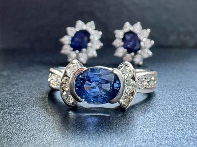 Blue Sapphire & Diamond Jewelry Set — 18K/14K White Gold