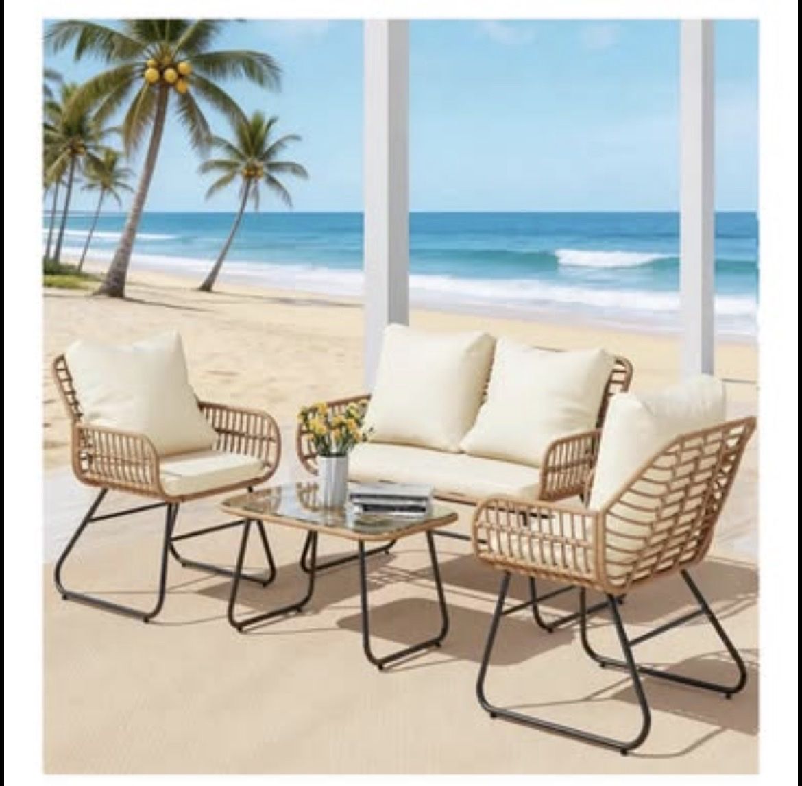 4-Piece Outdoor Wicker Patio Conversation Set with Loveseat, Chairs & Coffee Table