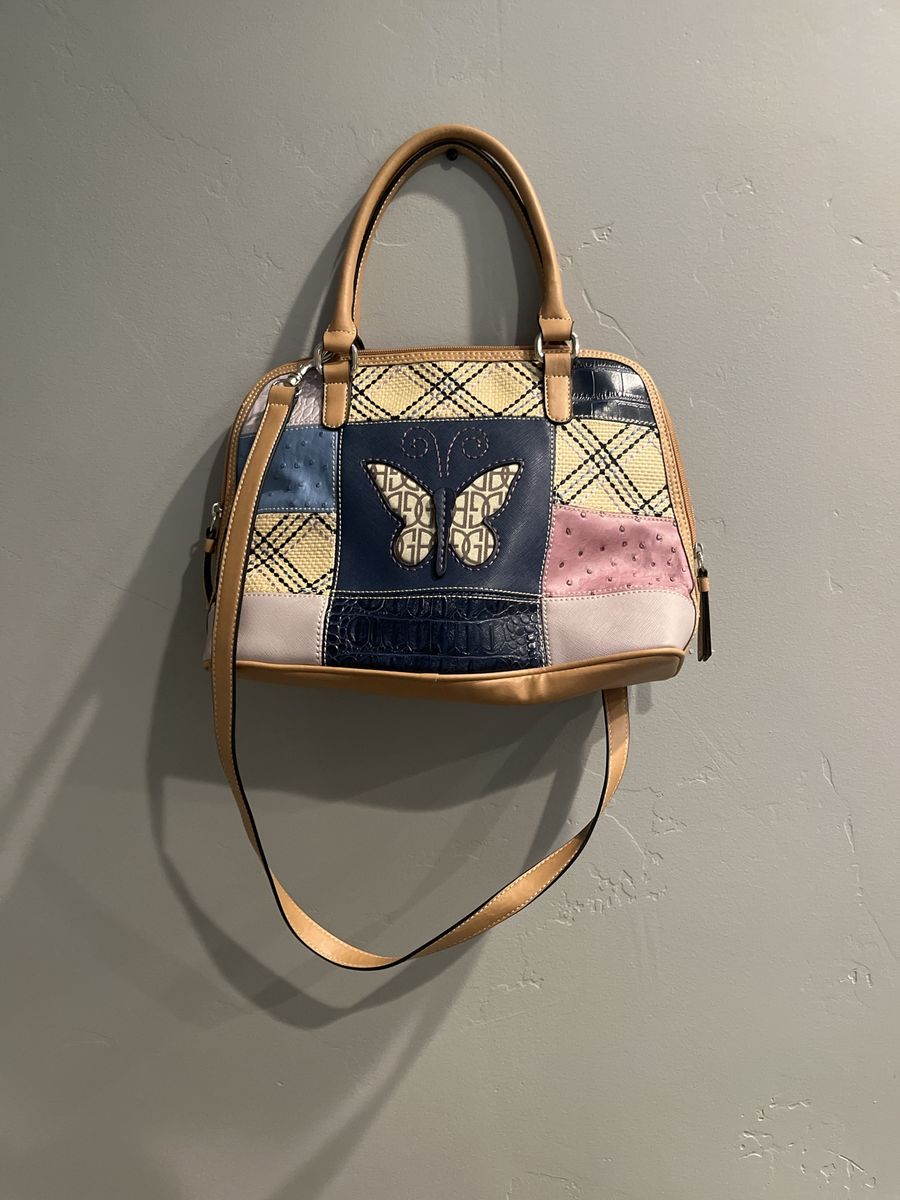 Butterfly Patchwork Satchel Handbag - Multi-Color Faux Leather Shoulder Bag