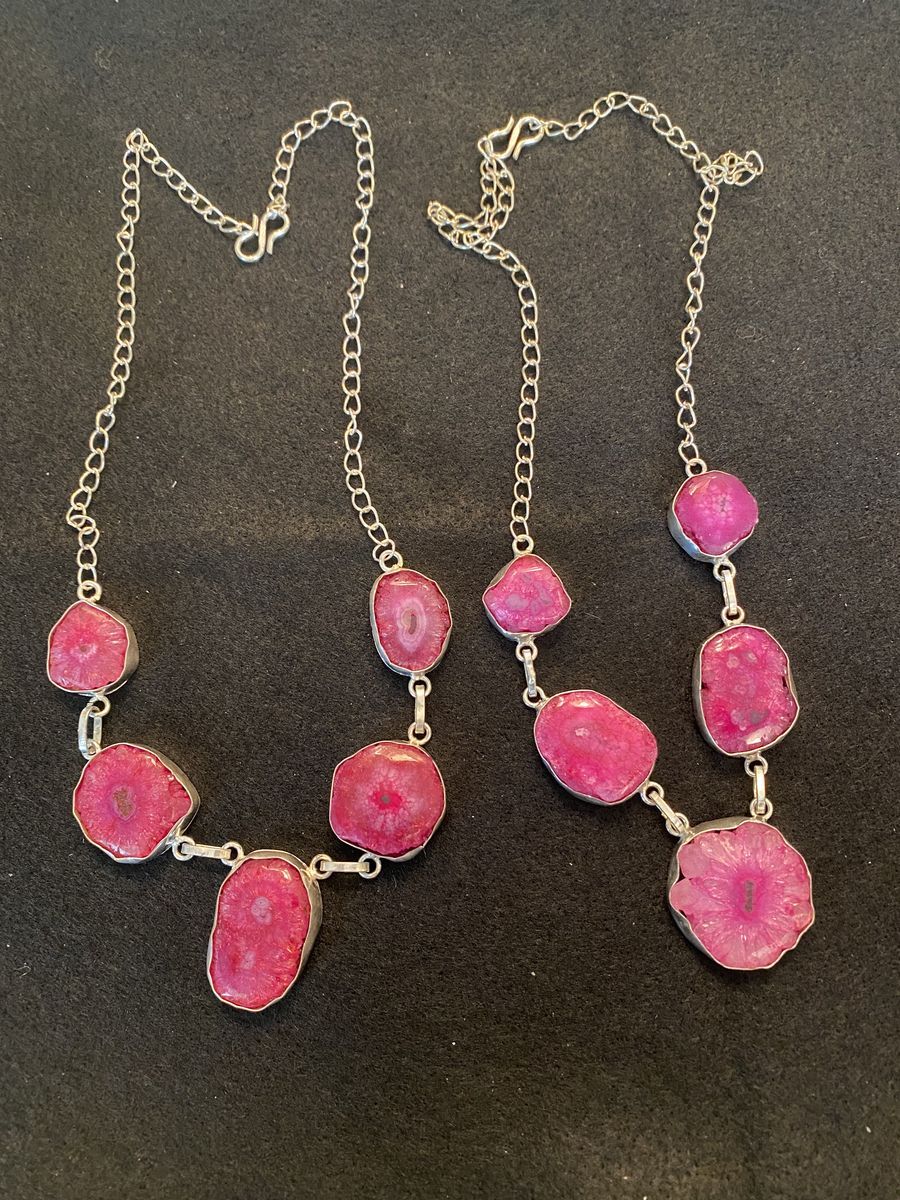 NEW! Beautiful Natural Fuchsia Stone Necklace Set into Silver Custom Settings - See Photos For Details