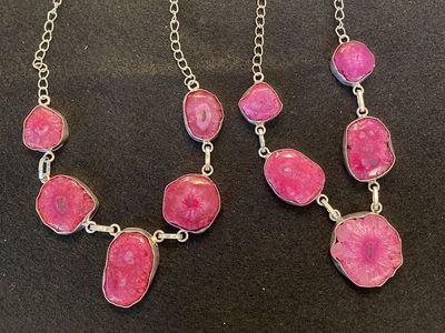 NEW! Beautiful Natural Fuchsia Stone Necklace Set into Silver Custom Settings - See Photos For Details