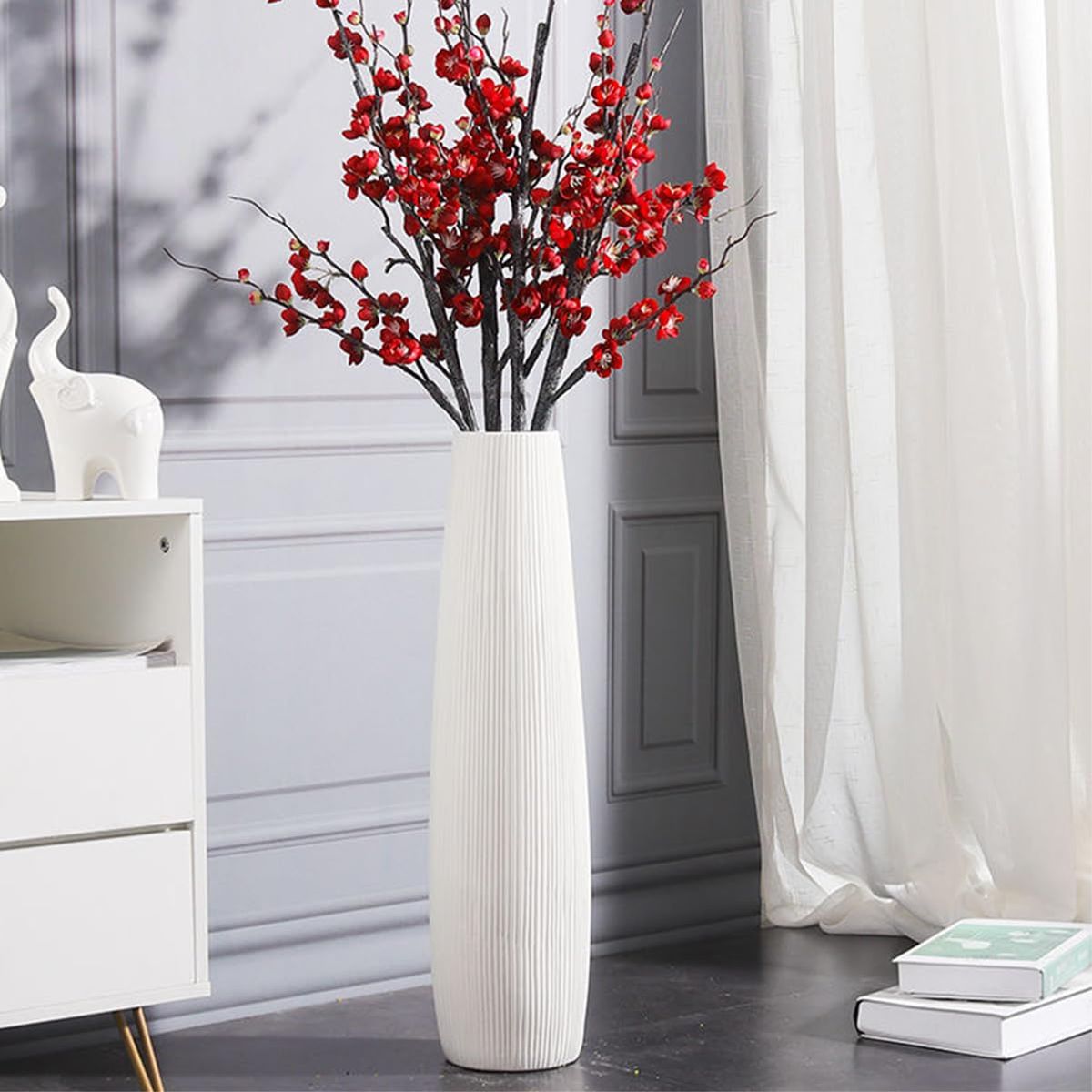 NEW 24" Contemporary Modern Tall Ceramic White Ribbed Floor Vase, Tall Floor Vase