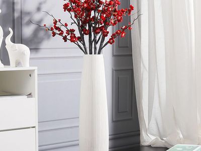 NEW 24" Contemporary Modern Tall Ceramic White Ribbed Floor Vase, Tall Floor Vase