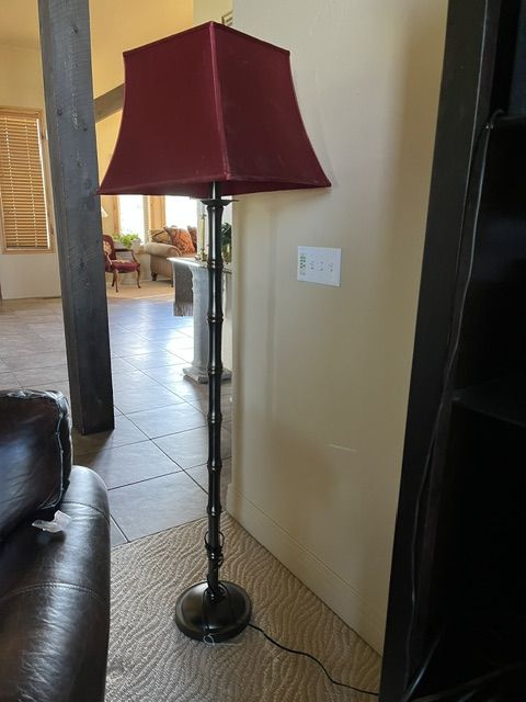 Elegant Black Bamboo Style Floor Lamp with Deep Red Bell Shade - Statement Lighting