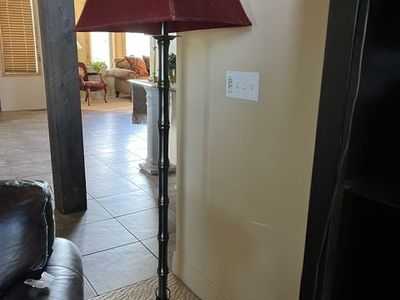 Elegant Black Bamboo Style Floor Lamp with Deep Red Bell Shade - Statement Lighting