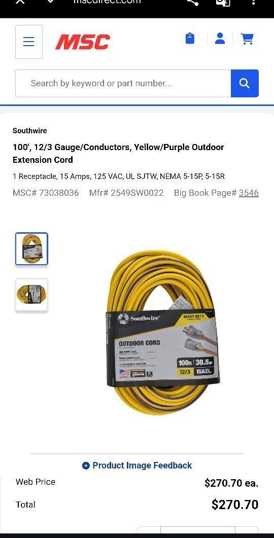 Southwire 100ft 12/3 Gauge Heavy Duty Outdoor Extension Cord 