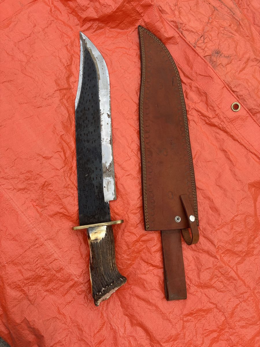 Custom Fixed Blade Bowie Knife with Stag Handle and Leather Sheath