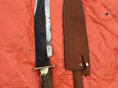 Custom Fixed Blade Bowie Knife with Stag Handle and Leather Sheath
