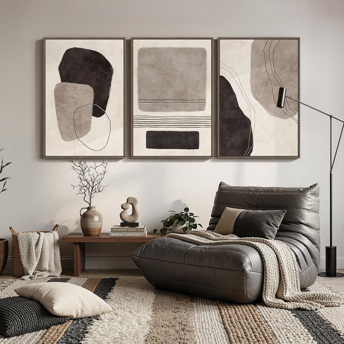 NEW 24x36 (3) Large Framed Neutral Abstract Wall Art for Living Room, Black and White Canvas Prints