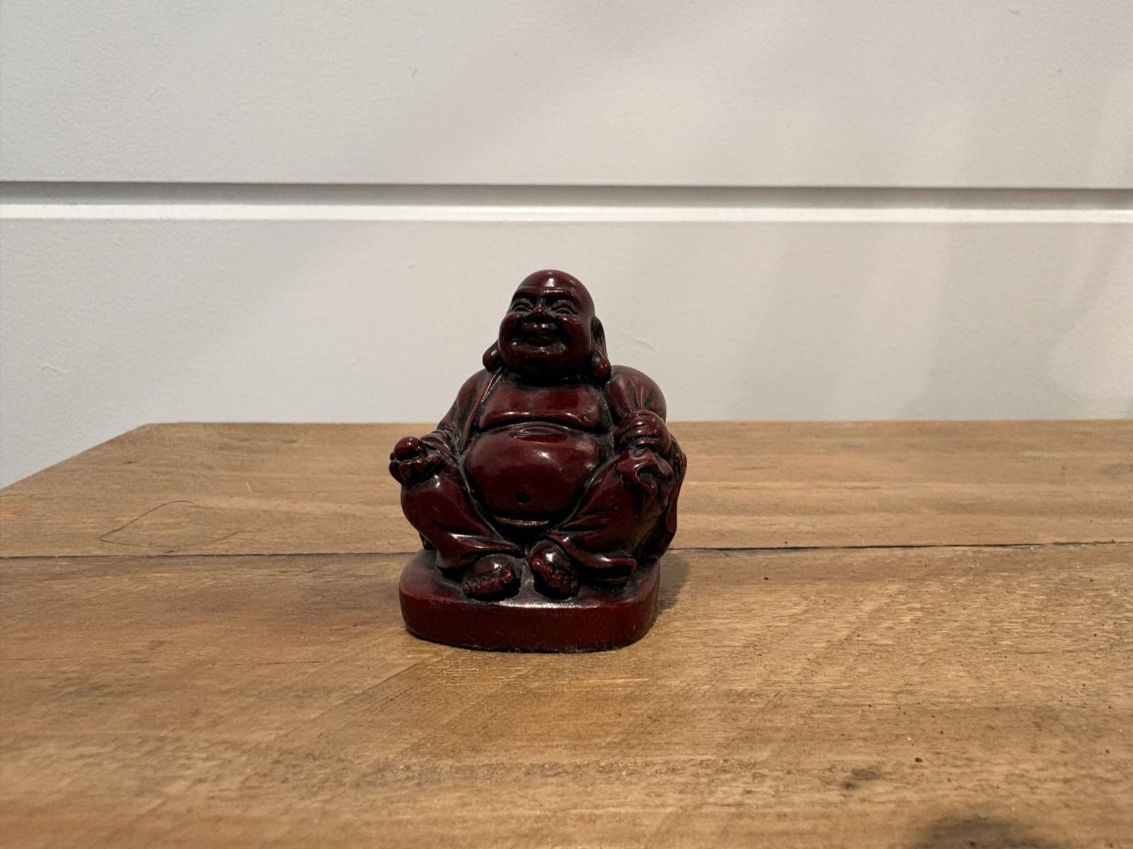 Vintage Faux Cinnabar Laughing Buddha Figurine - Red Resin Statue