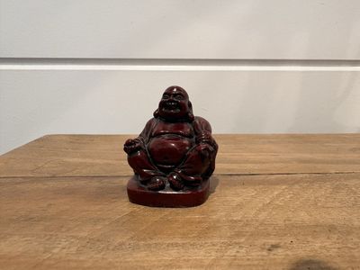 Vintage Faux Cinnabar Laughing Buddha Figurine - Red Resin Statue