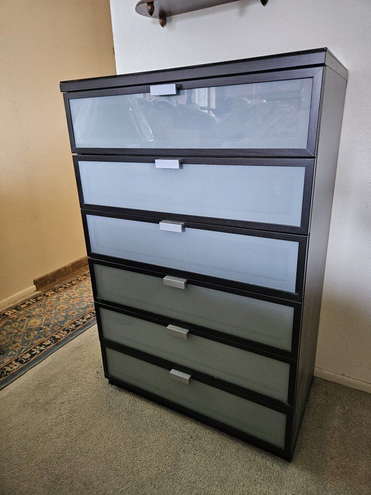IKEA Hopen 6-Drawer Dresser Black/Brown with Frosted panel Fronts & glass top- Excellent Condition. Estate Sale