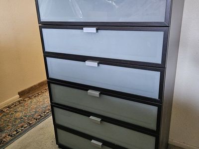 IKEA Hopen 6-Drawer Dresser Black/Brown with Frosted panel Fronts & glass top- Excellent Condition. Estate Sale