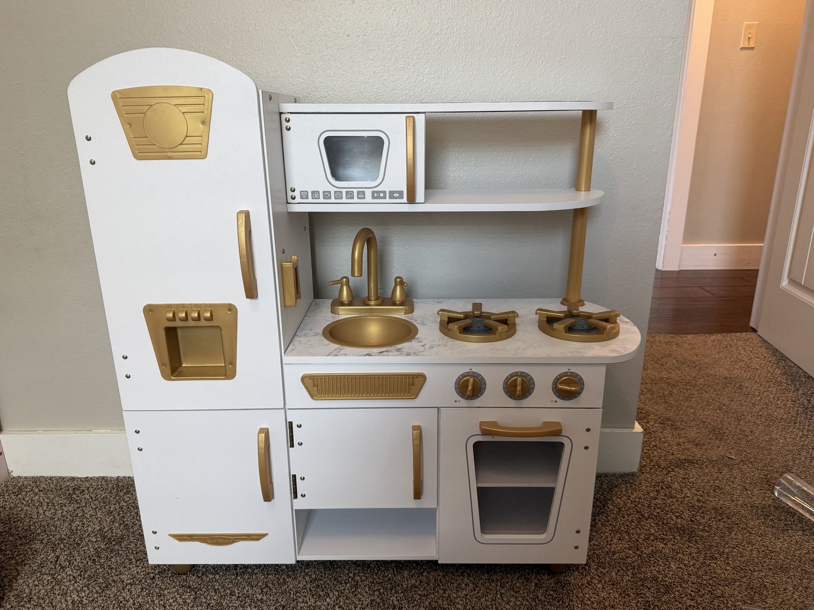 KidKraft White & Gold Vintage Wooden Play Kitchen w/ Refrigerator, Oven, Microwave