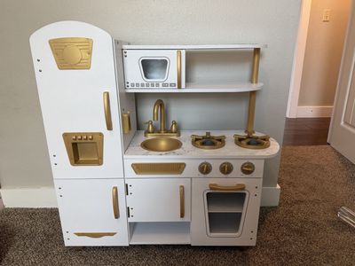 KidKraft White & Gold Vintage Wooden Play Kitchen w/ Refrigerator, Oven, Microwave