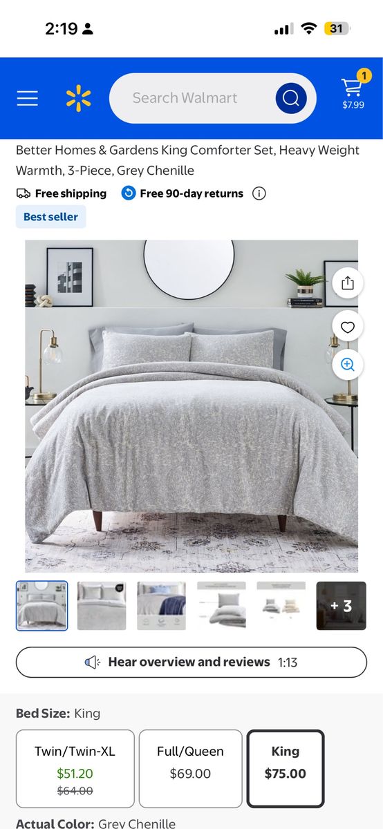 Better Homes & Gardens King Heavy Weight Warmth 3-Piece Grey Chenille Comforter Set