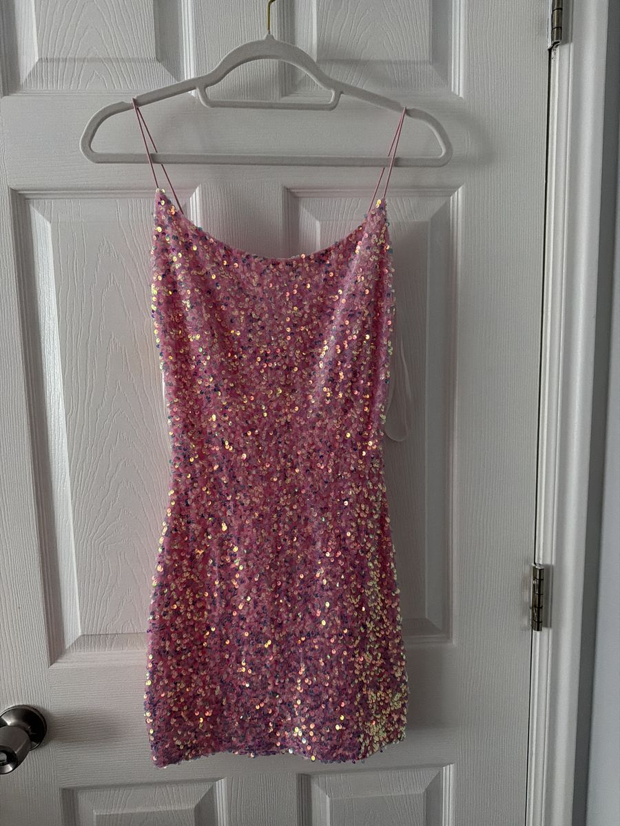 Sparkly Pink Sequin Mini Dress - Size Small - Spaghetti Strap, Bodycon