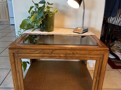 Mid-Century Style Wood Side Table with Glass Top & Cane Shelf