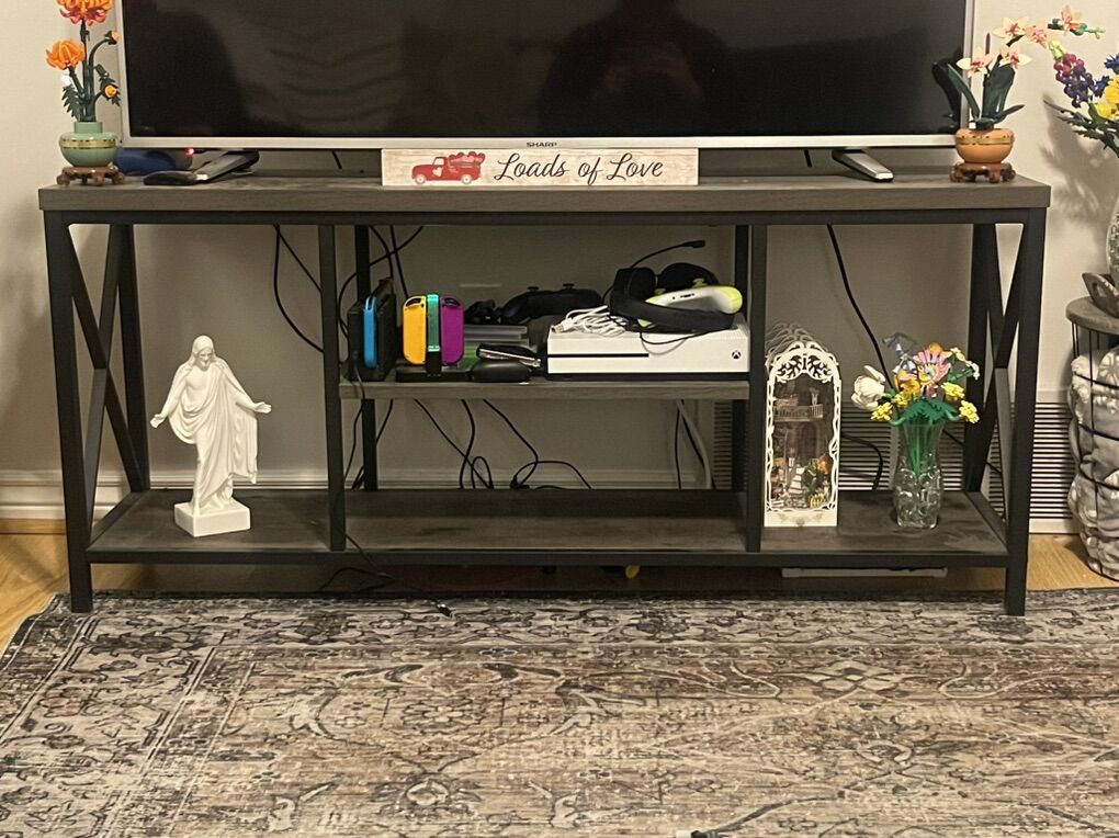 Grey And Back Wood And Metal TV Stand