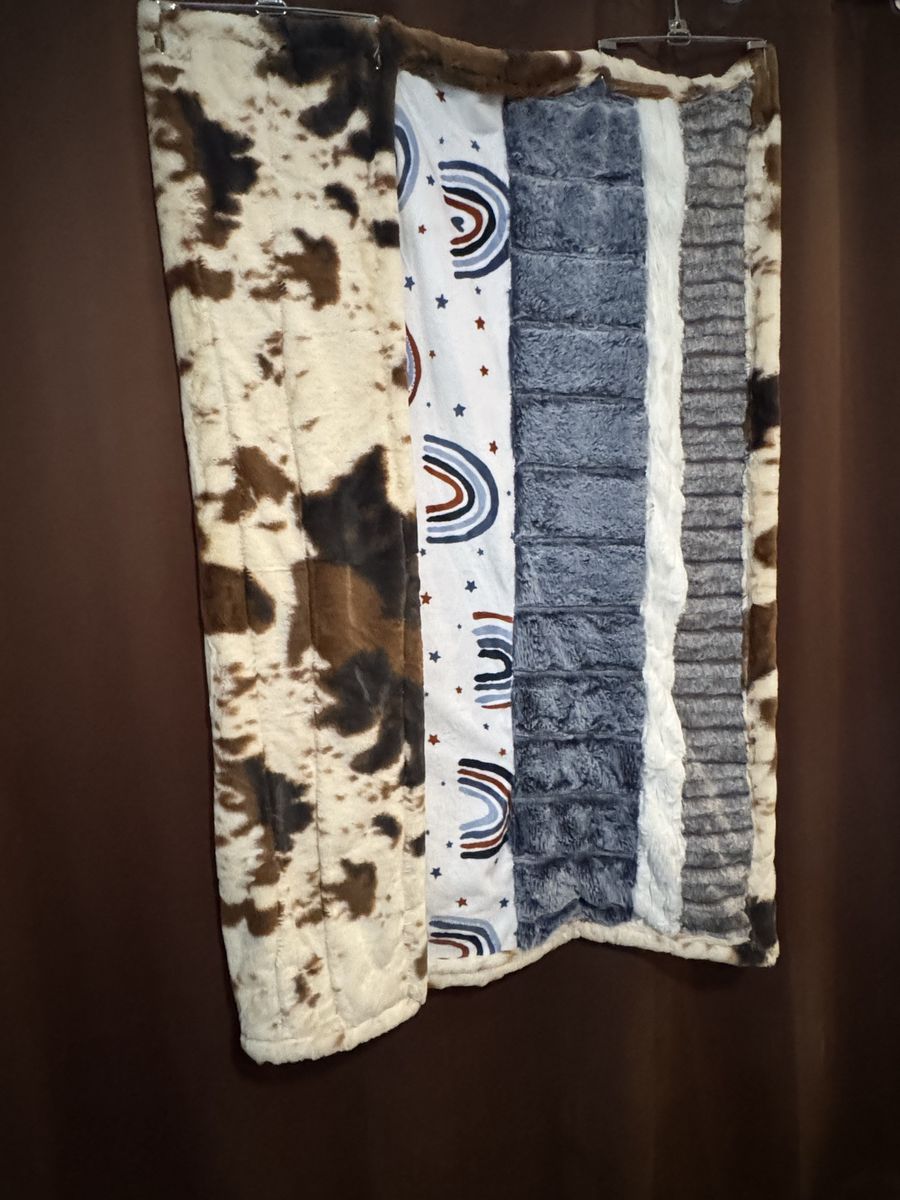 Handmade Multi-Minky Rainbow & Cow Print throw Blanket