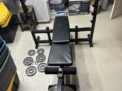 Weight Bench set with variety of weights.