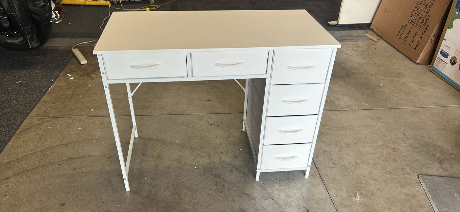 White Metal and Fabric 6-Drawer Computer Desk