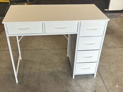 White Metal and Fabric 6-Drawer Computer Desk