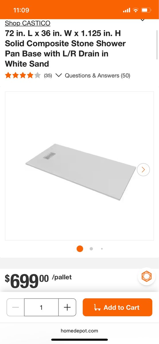 New Castico 72x36" Solid Composite Stone Shower Pan Base, White Sand, L/R Drain