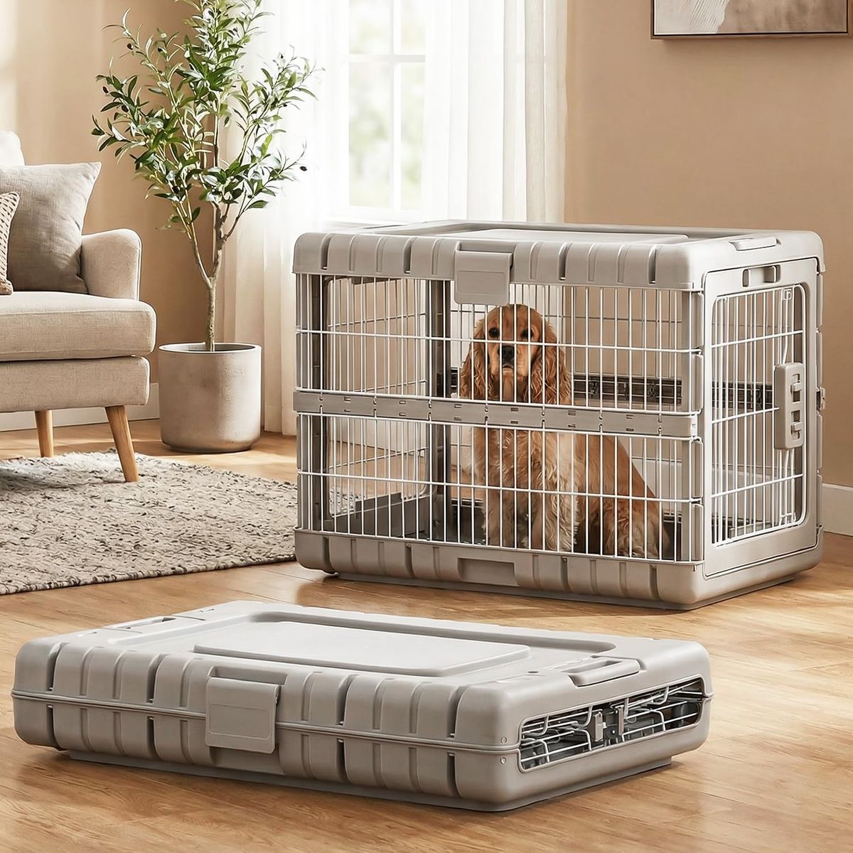 Collapsible Plastic & Wire Dog Crate Portable Folding Pet Kennel Gray