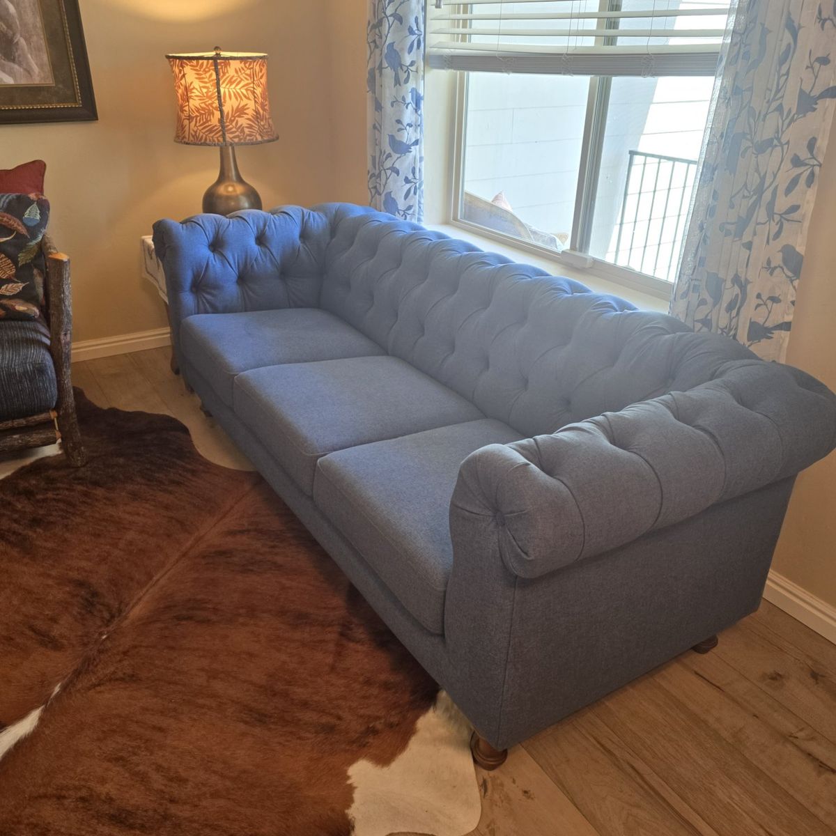 Tufted Rolled Arm Sofa Couch - 80-85 inch blue Fabric Chesterfield Style couch