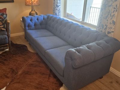 Tufted Rolled Arm Sofa Couch - 80-85 inch blue Fabric Chesterfield Style couch