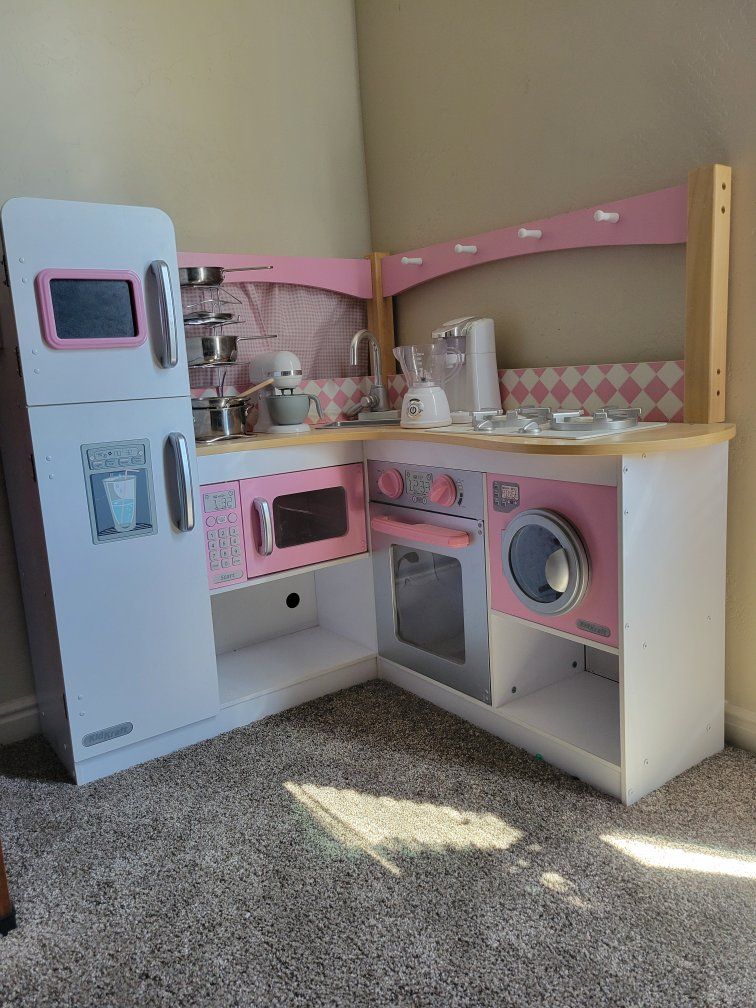 KidKraft Pink Wooden Corner Play Kitchen Set with Accessories