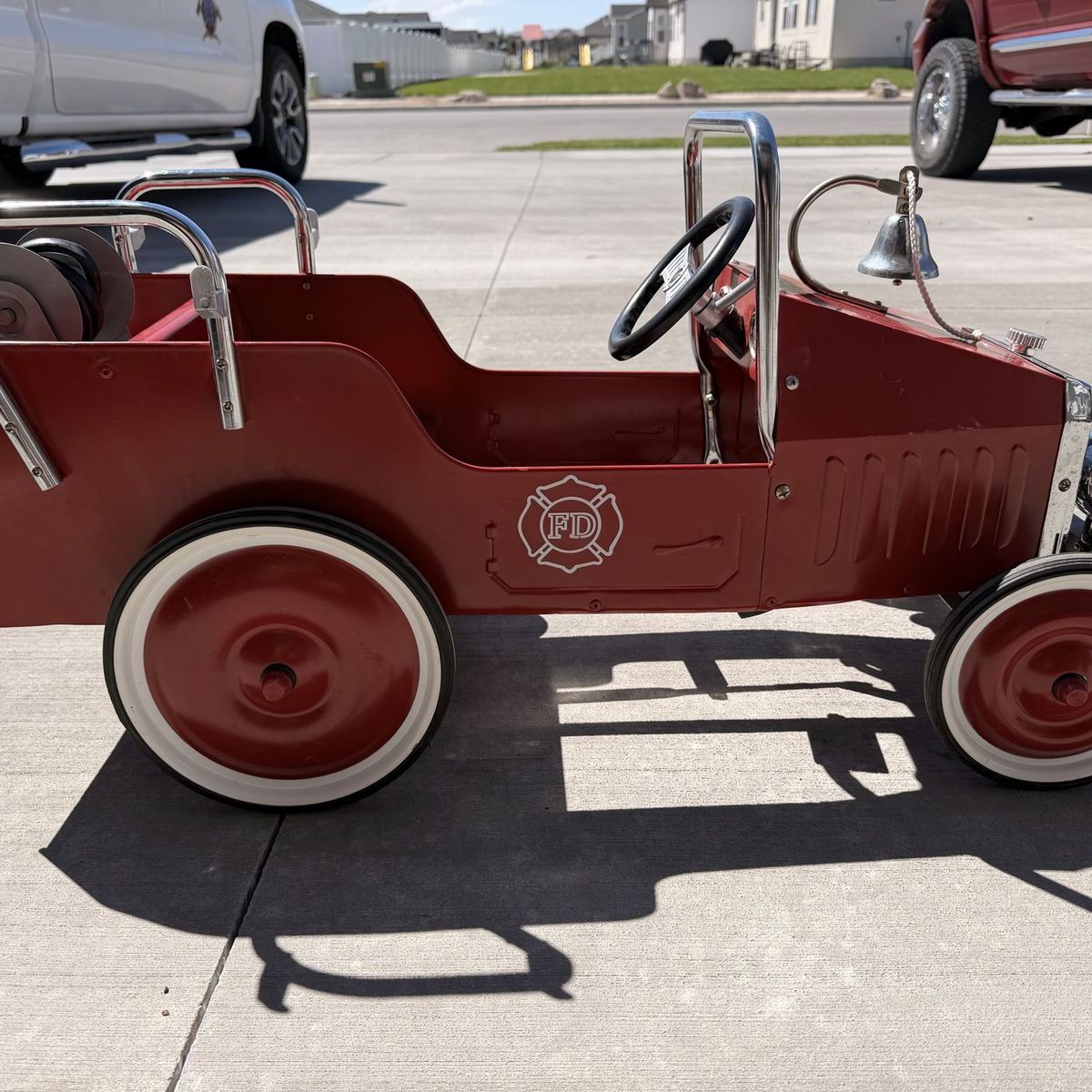 Vintage Metal Pedal Fire Truck Ride-On Toy with Working Bell and Hose Reel