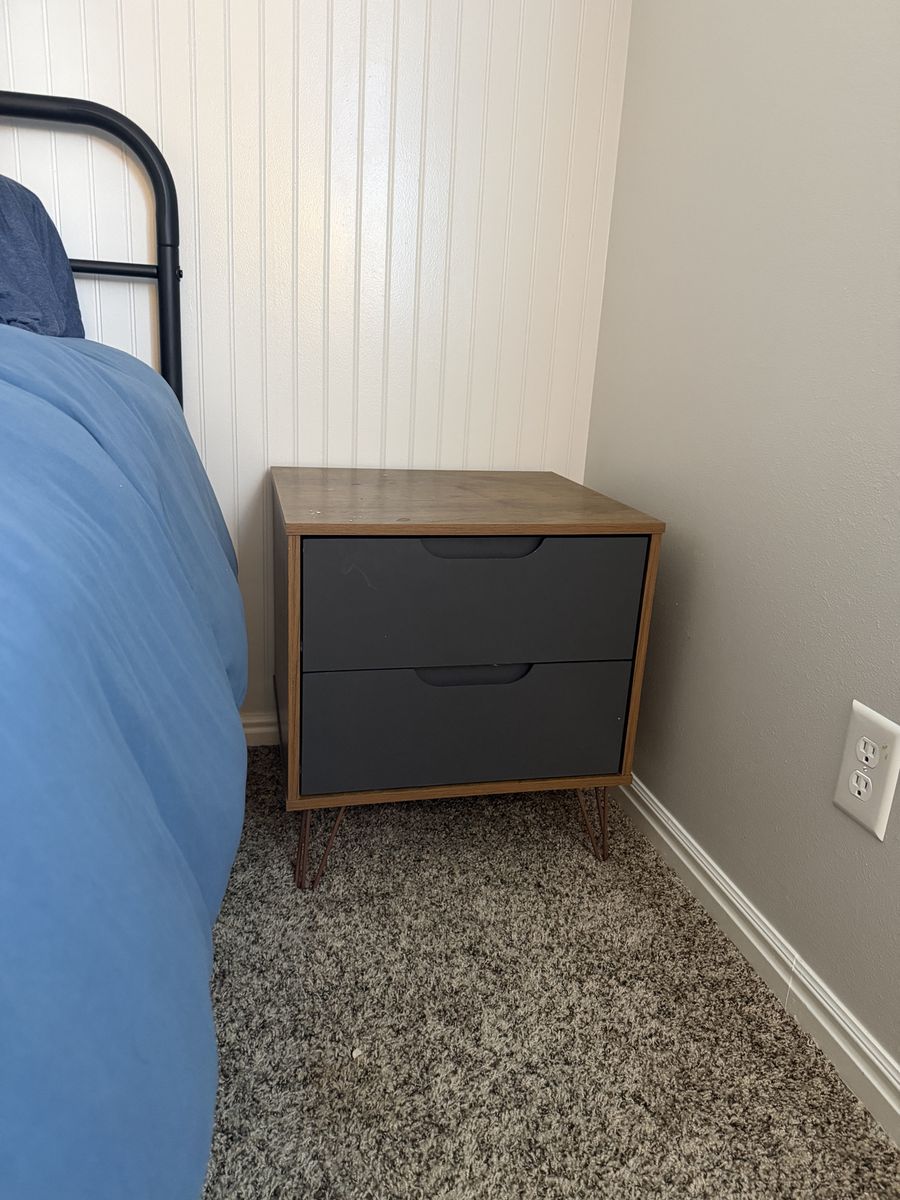Modern Mid-Century Nightstand - Wood Top, 2-Drawer Gray Cabinet, Hairpin Legs