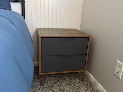 Modern Mid-Century Nightstand - Wood Top, 2-Drawer Gray Cabinet, Hairpin Legs