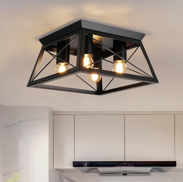 foucasal Farmhouse 4-Light Metal-Framed Industrial Kitchen Ceiling Lights - Black Flush Mount