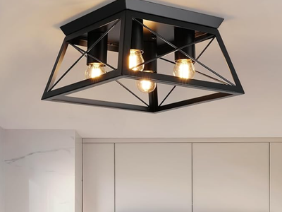foucasal Farmhouse 4-Light Metal-Framed Industrial Kitchen Ceiling Lights - Black Flush Mount