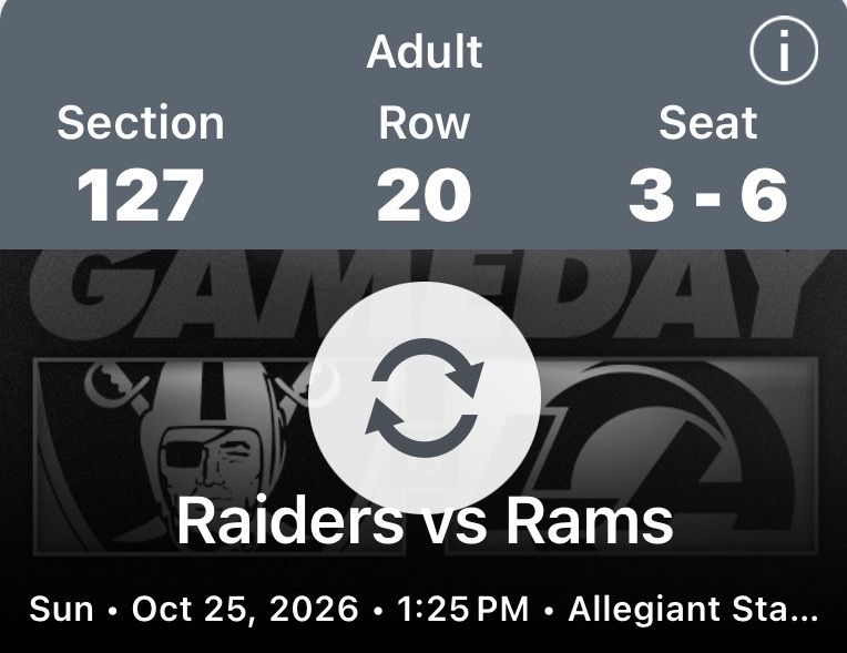 Las Vegas Raiders vs. LA Rams Tickets - Allegiant Stadium Oct 25, 2026 4 great lower bowl seats $445