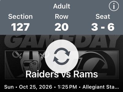 Las Vegas Raiders vs. LA Rams Tickets - Allegiant Stadium Oct 25, 2026 4 great lower bowl seats $445