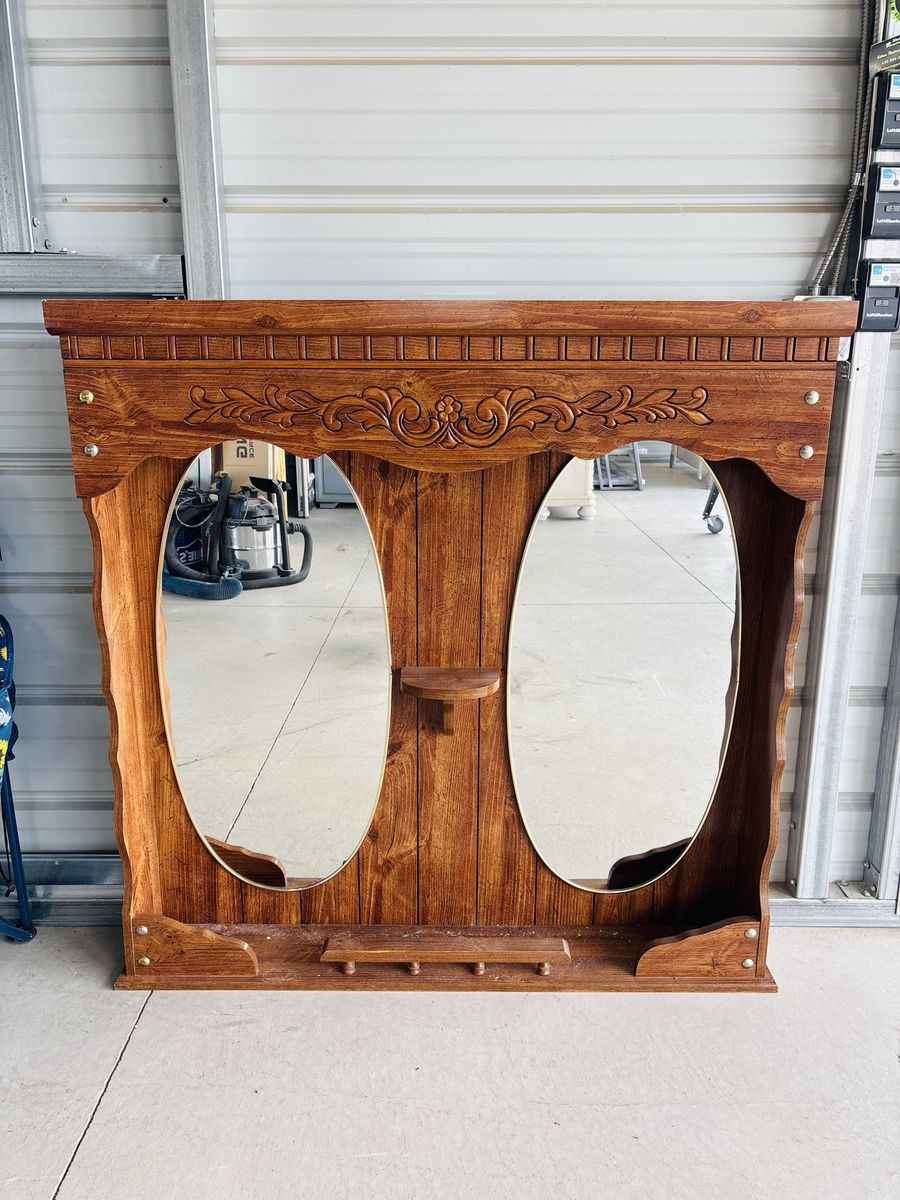 Vintage Wooden Wall Mirror with Dual Oval Mirrors and Shelf - Ornate Carved Details