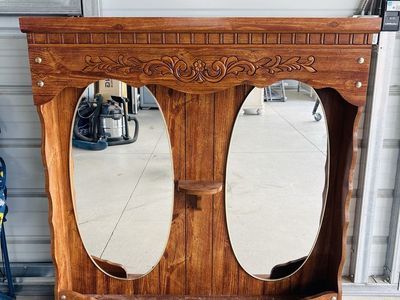 Vintage Wooden Wall Mirror with Dual Oval Mirrors and Shelf - Ornate Carved Details